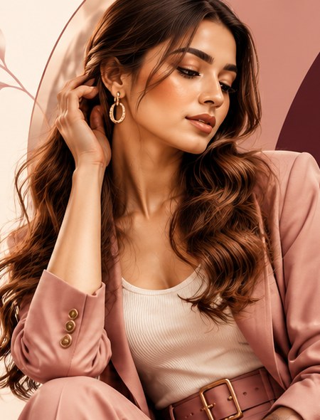 Woman in a dusty-pink ISHRA blazer and belted trousers