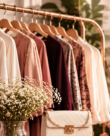 A rail of blush, maroon and ivory ISHRA pieces beside a cream handbag and flowers